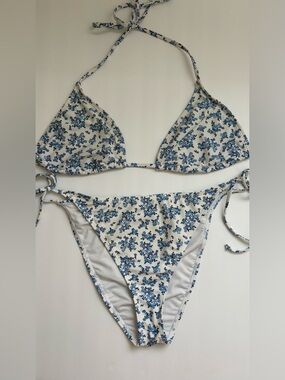Cabana del Sol Bikini Set XL Blue Floral Tie Side Triangle Swimsuit